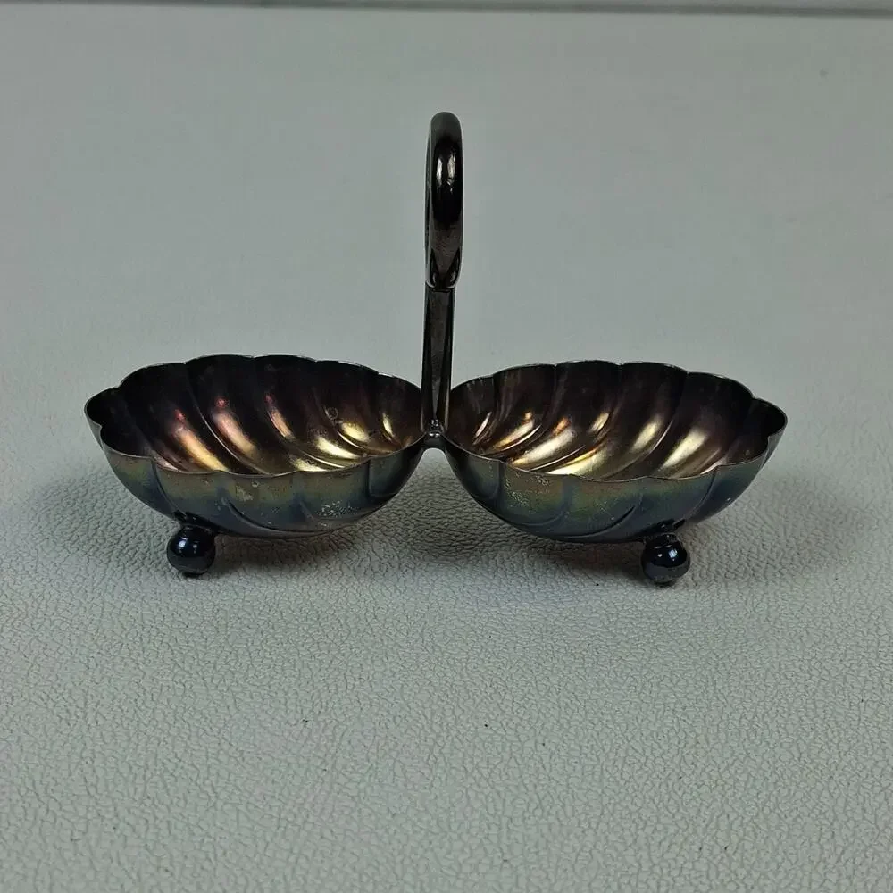 Double Shell BonBon Dish Silver Colored Unmarked 5